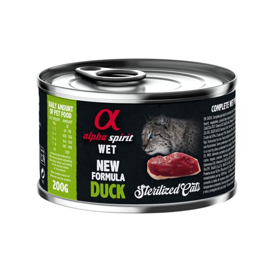 Hrană umedă Premium pentru pisică sterilizată Alpha Spirit, cu rață, 200g 