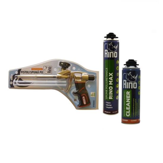 Set RINO 3x Spumă poliuretanică de iarnă, 860ml+ 1x Pistol metalic pentru spumă+ 1x Spray pentru curățat spuma
