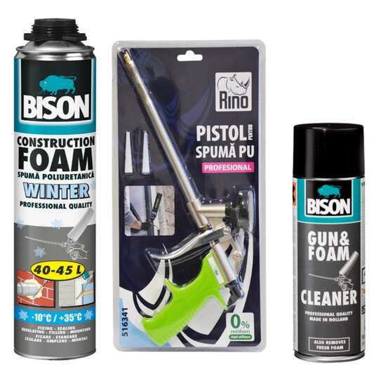 Set BISON 3x Spumă poliuretanică pentru iarnă, 750ml+ 1x Pistol pentru spumă poliuretanică + 1x Spray pentru curățarea spumei