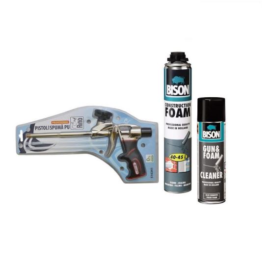 Set BISON 3x Spumă poliuretanică, 750ml+ 1x Pistol pentru spumă poliuretanică + 1x Spray pentru curățarea spumei