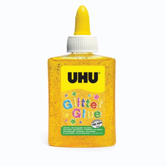 Adeziv colorat cu particule de sclipici UHU Glitter Glue, galben, 90g 