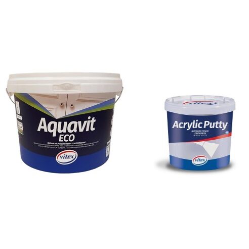 Set Vopsea email poliuretanică pe bază de apă pentru lemn VITEX Aquavit Eco alb satinat 750ml + Chit acrilic VITEX Acrylic Putty alb 400g