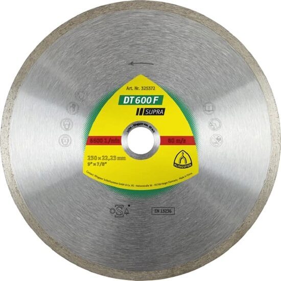 Disc de tăiere diamantat KLINGSPOR DT  DT 600F, ceramică, faianță și teracotă, 230x1,9X22,23mm