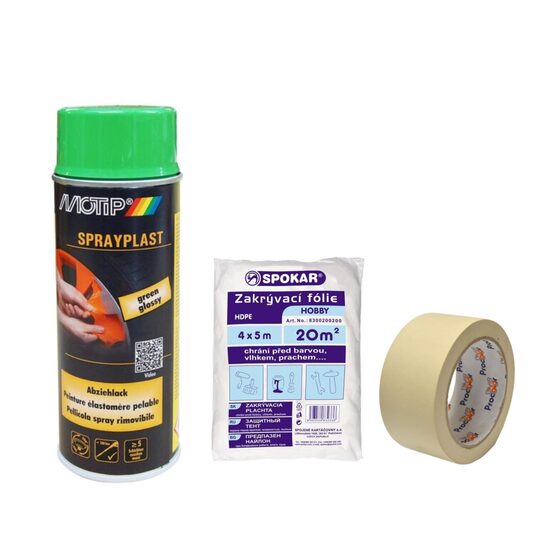 Set pentru mașină,Vopsea spray tunning folie detașabilă MOTIP,verde, 400ml, folie protecție și bandă de mascare