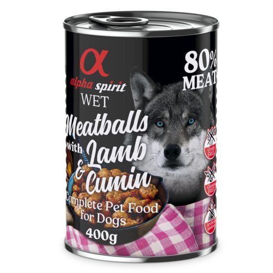 Hrană umedă Premium pentru câine Alpha Spirit, chiftele de miel și chimion, 400 g