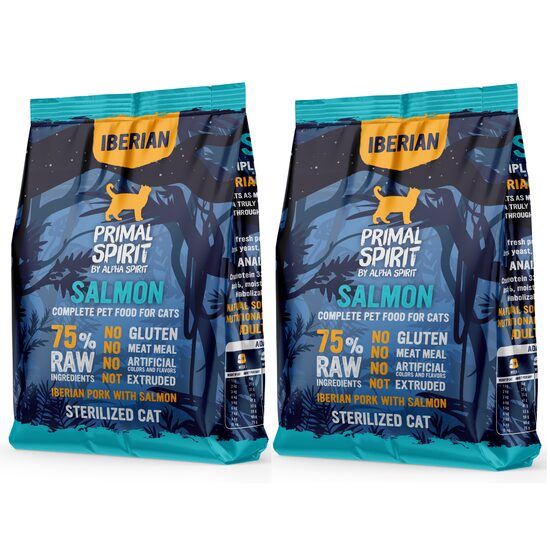 PACHET 2 x Hrană uscată pentru pisică sterilizată Primal Spirit, cu somon si porc iberic, 1 kg 