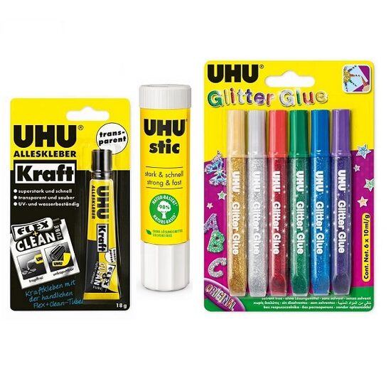  Set Creație UHU Stic 21g, Adeziv Kraft Flex&Clean 18g, Glitter Glue Original 6x10ml